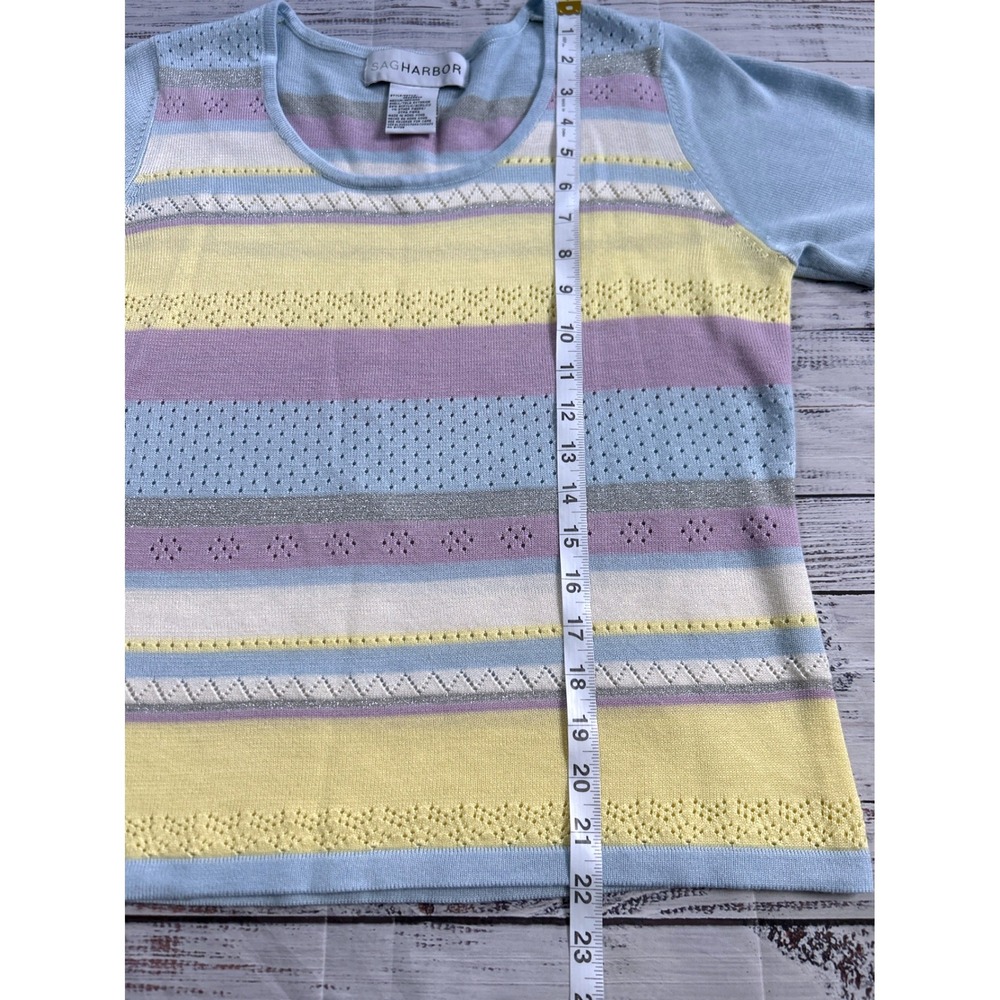 Sag Harbor Knit Top Women Pastel Striped Pointelle Metallic Short Sleeve Size M - Picture 6 of 6